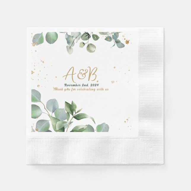 Servilleta De Papel Purpurina de oro Eucalyptus - Boda verde (Anverso)