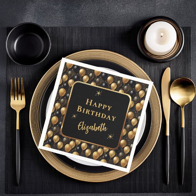 Servilleta De Papel Purpurina de oro negro elegante globos de cumpleañ (Elegant Black and Gold Faux Glitter Balloons Pattern A021 "Happy Birthday" [Name] Paper Napkins)