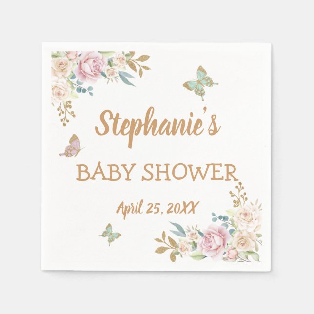 Servilleta De Papel Purpurina de oro Rosa de mariposa pequeña Baby Sho (Anverso)