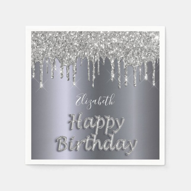 Servilleta De Papel Purpurina de plata de fiesta de cumpleaños gotea g (Anverso)
