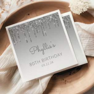 Servilleta De Papel Purpurina de Plata Drip 80th Birthday Party Napkin