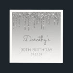 Servilleta De Papel Purpurina de Plata Drip 90th Birthday Party<br><div class="desc">Estas elegantes servilletas de papel de la fiesta de cumpleaños 90, moda, presentan un brillante purpurina de imitación de plata con borde de goteo y un fondo sombrío de plata. Personalízalos con el nombre del invitado de honor en escritura a mano gris, con su cumpleaños y fecha debajo en letra...</div>
