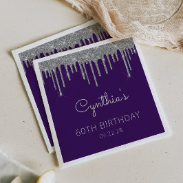 Servilleta De Papel Purpurina de Plata Morada Drip 60 cumpleaños