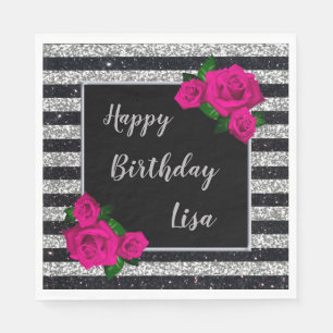 Servilleta De Papel Purpurina de Plata Negra Rayas Rosadas Cumpleaños