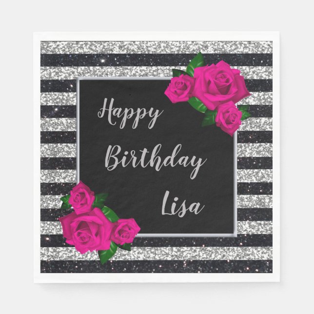 Servilleta De Papel Purpurina de Plata Negra Rayas Rosadas Cumpleaños (Anverso)