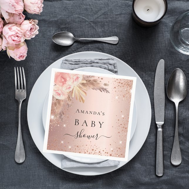 Servilleta De Papel purpurina floral de oro rosa pampas de Baby Shower (Subido por el creador)