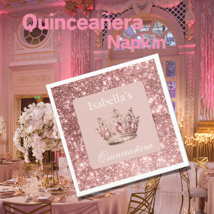 Servilleta De Papel Purpurina floral rosa Rubor Tiara Crown Quinceañer