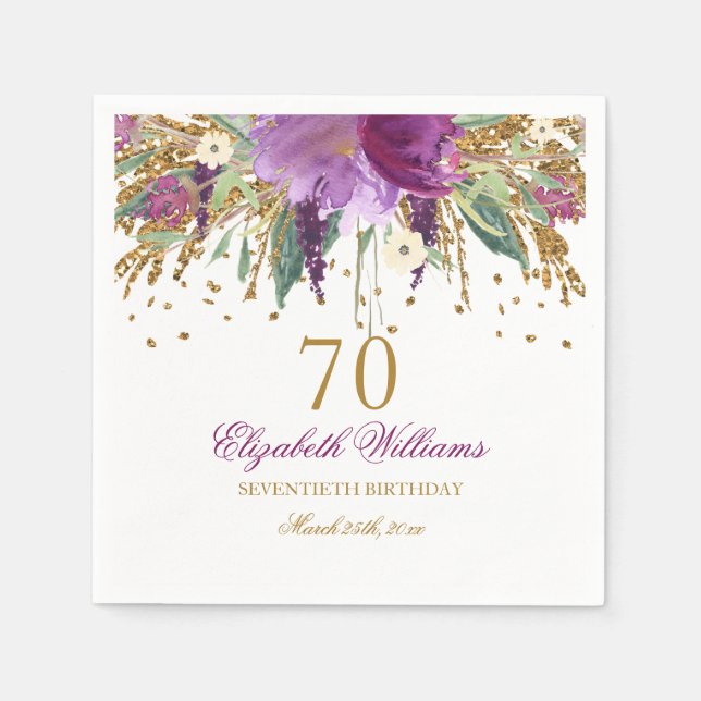 Servilleta De Papel Purpurina floral Sparkling Amethyst 70th Birthday (Anverso)