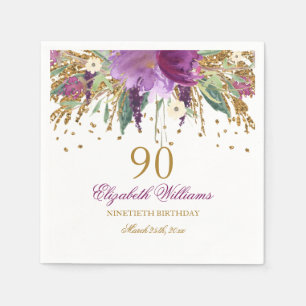Servilleta De Papel Purpurina floral Sparkling Amethyst 90th Birthday
