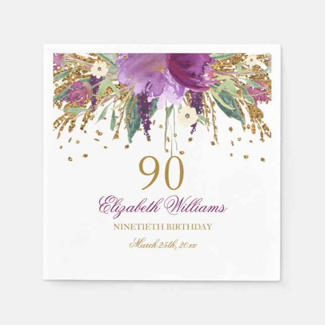 Servilleta De Papel Purpurina floral Sparkling Amethyst 90th Birthday (Anverso)
