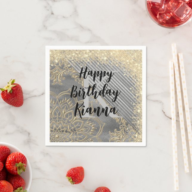 Servilleta De Papel Purpurina Gold Silver Mandala Monograma Cumpleaños (In situ)