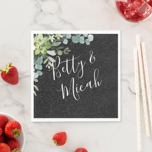 Servilleta De Papel Purpurina negro y Boda de eucalipto (In situ)