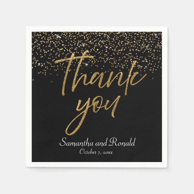 Servilleta De Papel Purpurina Negro y Oro Gracias Boda (Anverso)