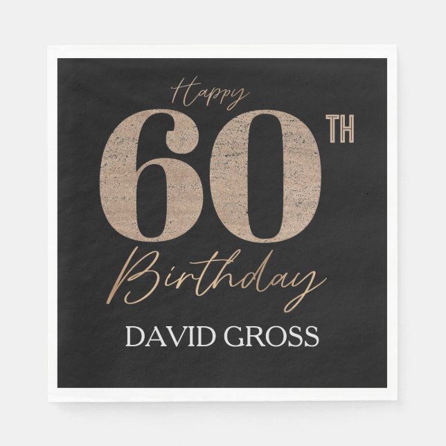 Servilleta De Papel Purpurina negro y oro número 60 cumpleaños (Anverso)