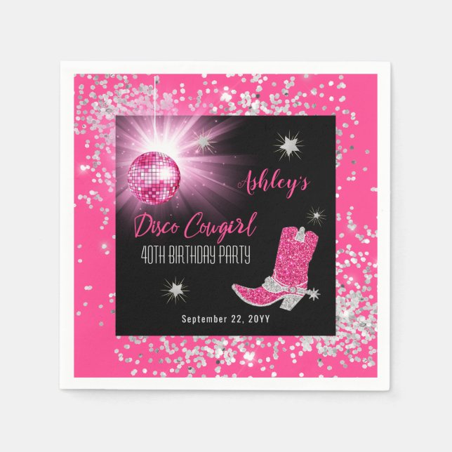 Servilleta De Papel Purpurina Pink Disco Cowgirl 40 cumpleaños Fiesta (Anverso)