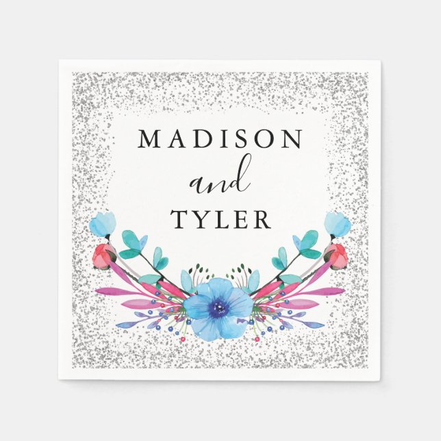Servilleta De Papel Purpurina plateado esparce Wreath acuarela floral (Anverso)
