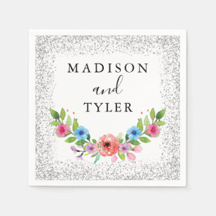 Servilleta De Papel Purpurina plateado esparce Wreath acuarela floral