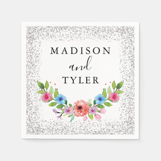 Servilleta De Papel Purpurina plateado esparce Wreath acuarela floral (Anverso)