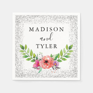 Servilleta De Papel Purpurina plateado esparce Wreath acuarela floral