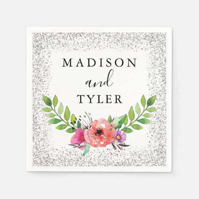 Servilleta De Papel Purpurina plateado esparce Wreath acuarela floral (Anverso)