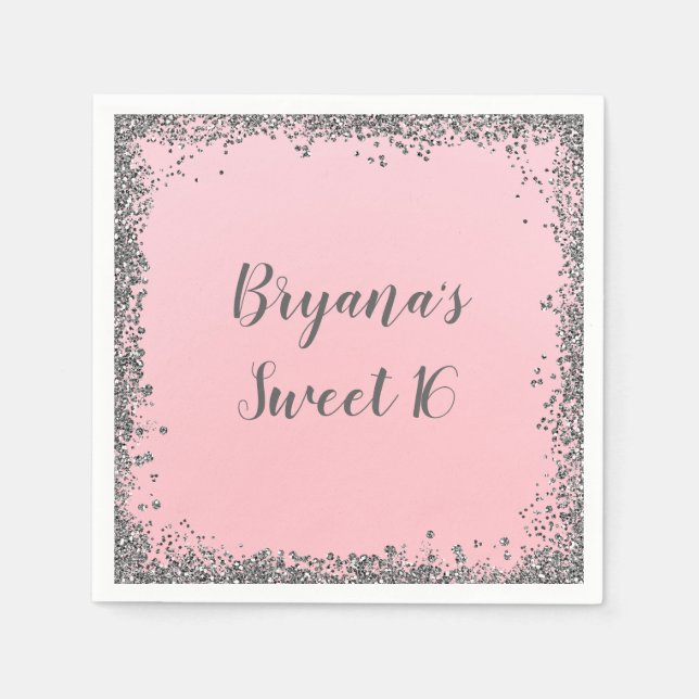 Servilleta De Papel Purpurina plateado Glam Edge Sweet 16 Personalizad (Anverso)