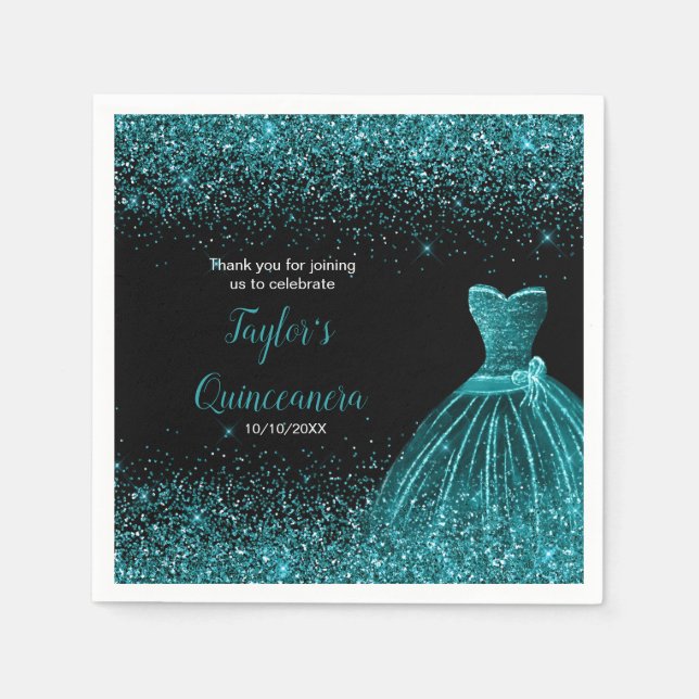 Servilleta De Papel Purpurina Quinceanera Blue Verde azulada Faux (Anverso)