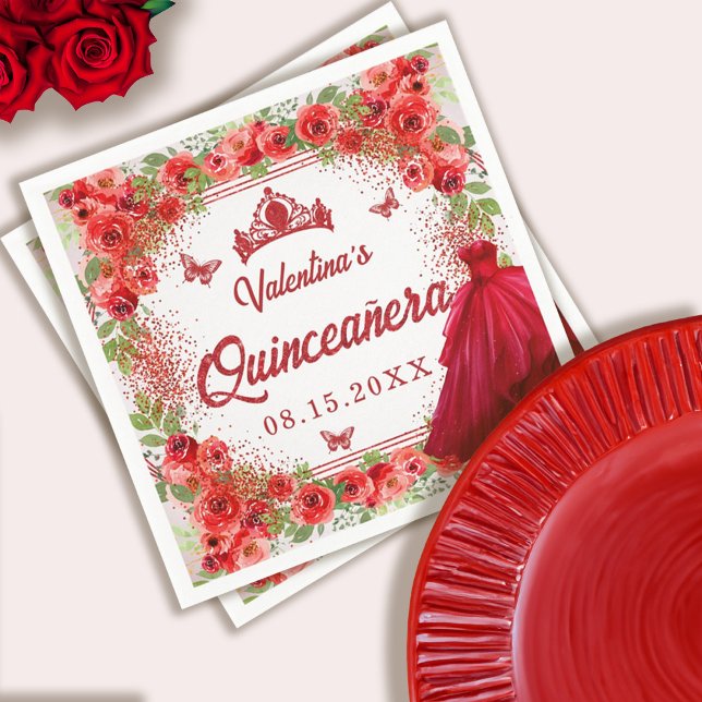Servilleta De Papel Purpurina Rojo Floral Quinceanera Fiesta (Red Glitter Floral Quinceanera Party Napkins)