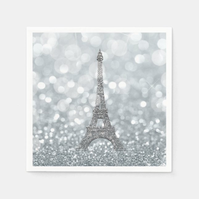Servilleta De Papel Purpurina Silver Sparkle Paris Eiffel Tower Glam (Anverso)