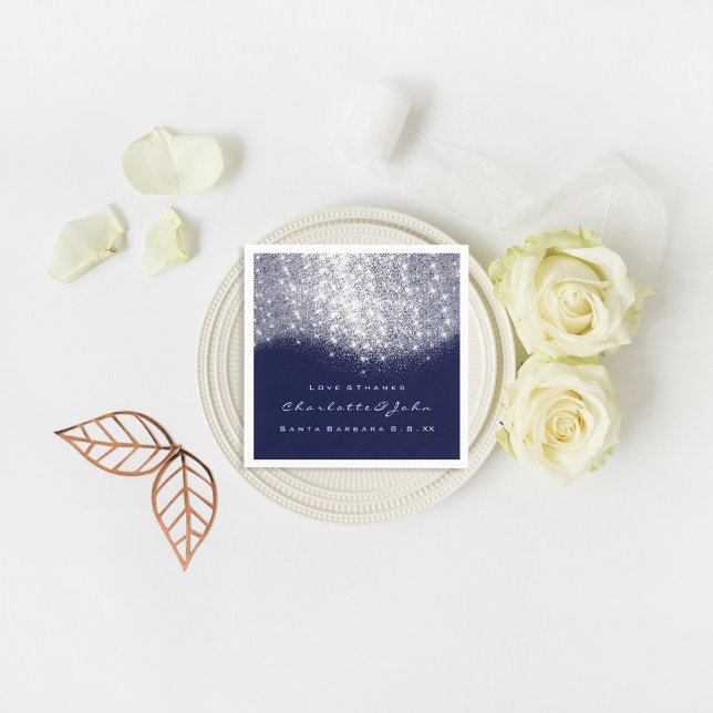 Servilleta De Papel Purpurina Silver WhiteBlue Navy White Gracias Nomb (Glitter Silver WhiteBlue Navy White Thank You Name Paper Napkins)