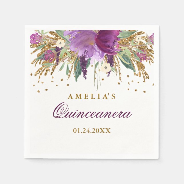 Servilleta De Papel Purpurina Sparkling Amethyst Quinceanera Napkin (Anverso)