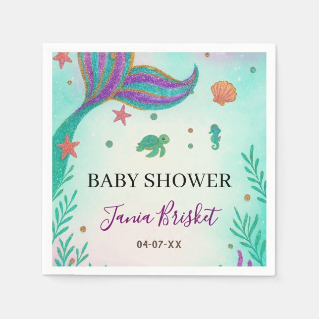 Servilleta De Papel Purpurina Turquoise Mermaid Baby Shower (Anverso)