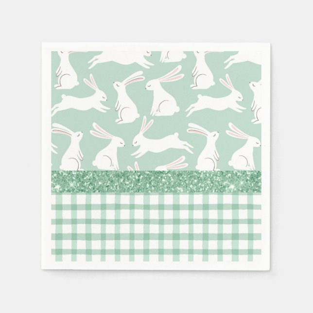Servilleta De Papel Purpurina Verde Gingham Plaid Rabbits (Anverso)