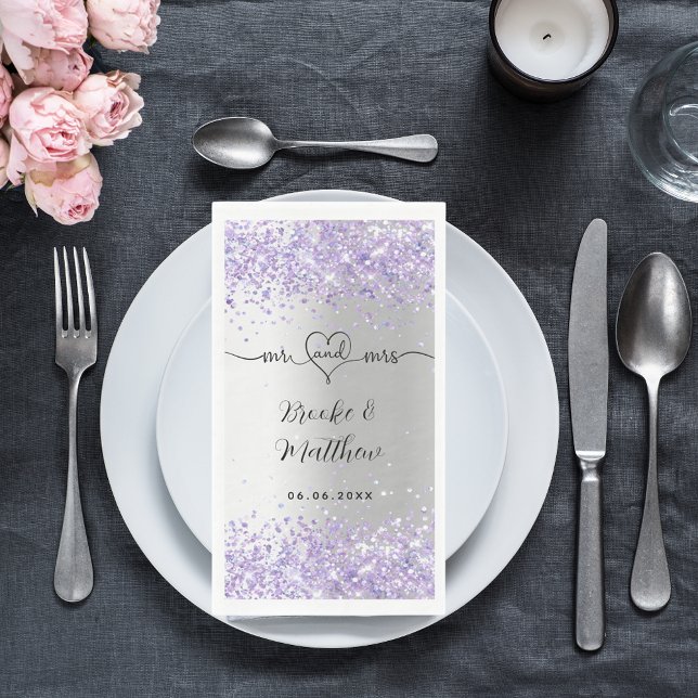 Servilleta De Papel Purpurina violeta plateada mr mrs boda de corazón (Subido por el creador)