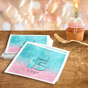 Servilleta De Papel Purpurina y brillantes Quinceanera V1 Verde azulad