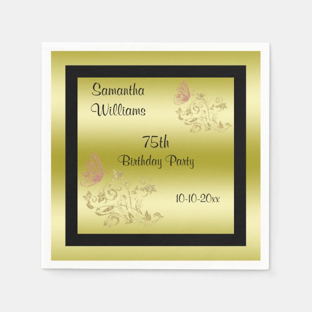 Servilleta De Papel Purpurinas dorados y mariposa espumosa 75º cumplea (Anverso)