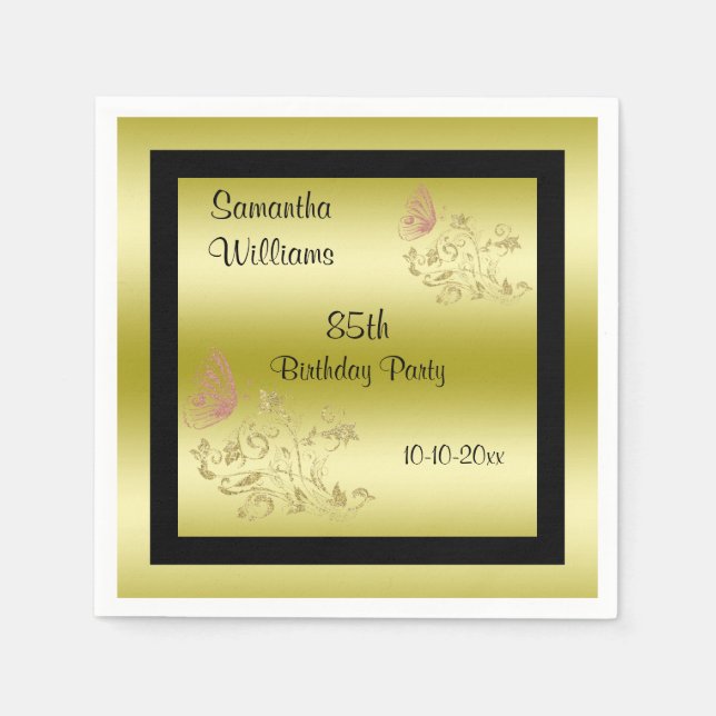 Servilleta De Papel Purpurinas dorados y mariposa espumosa 85º cumplea (Anverso)