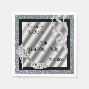 Servilleta De Papel Purpurinoso Plateado Stiletto y Streamers 25 cumpl