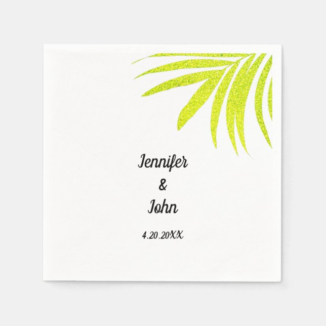Servilleta De Papel Purpurinoso Verde Dorado Tropical Palm Boda Blanco (Anverso)