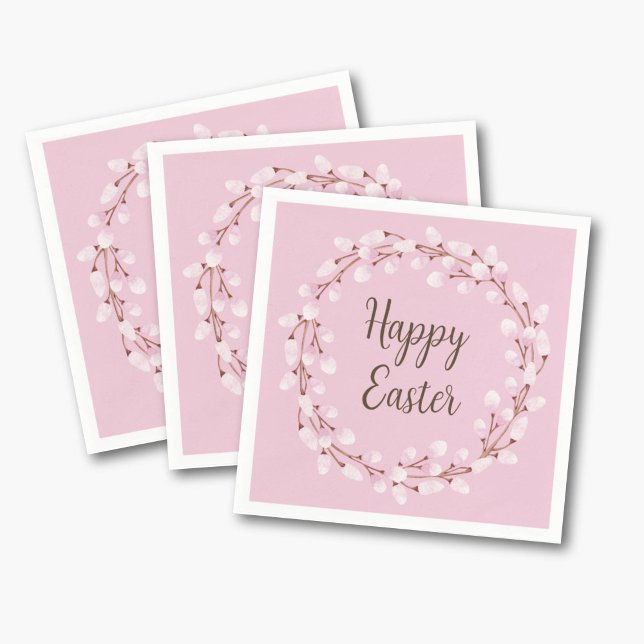 Servilleta De Papel Pussy Willow Feliz Pascua (Cute Pink Pussy Willow Happy Easter Napkins)