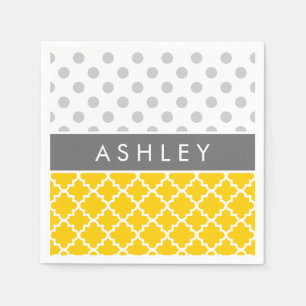 Servilleta De Papel Quatrefoil amarillo y modelo de lunar gris