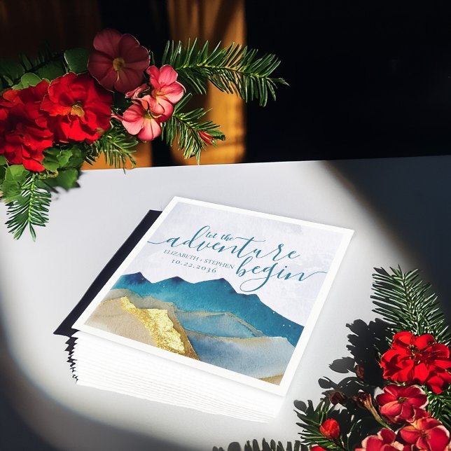 Servilleta De Papel Que Comience La Aventura Boda Montaña Azul Dorada (Subido por el creador)