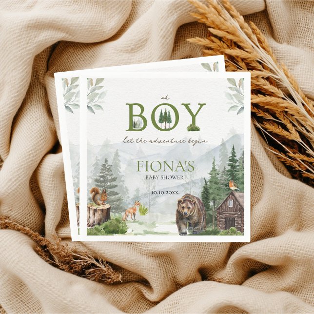 Servilleta De Papel Que la aventura comience las montañas Boy Baby Sho (Let the adventure begin Pine Forest Woodland animals Oh Boy Baby Shower Custom Napkins)