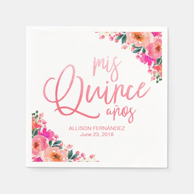 Servilleta De Papel Quinceanera Agua Caliente Rosa Nápoles Florales (Anverso)