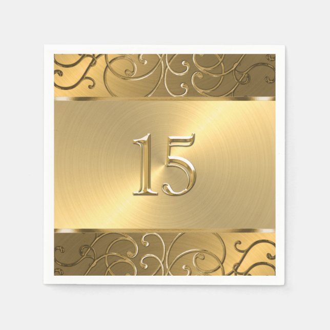 Servilleta De Papel Quinceanera All Gold Filigree Swirly Border (Anverso)