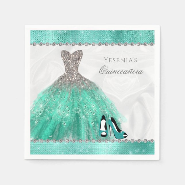 Servilleta De Papel Quinceañera Aqua Diamond Sparkle Purpurina (Anverso)