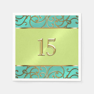 Servilleta De Papel Quinceanera Aqua Lime Green Gold Filigrree Swirls