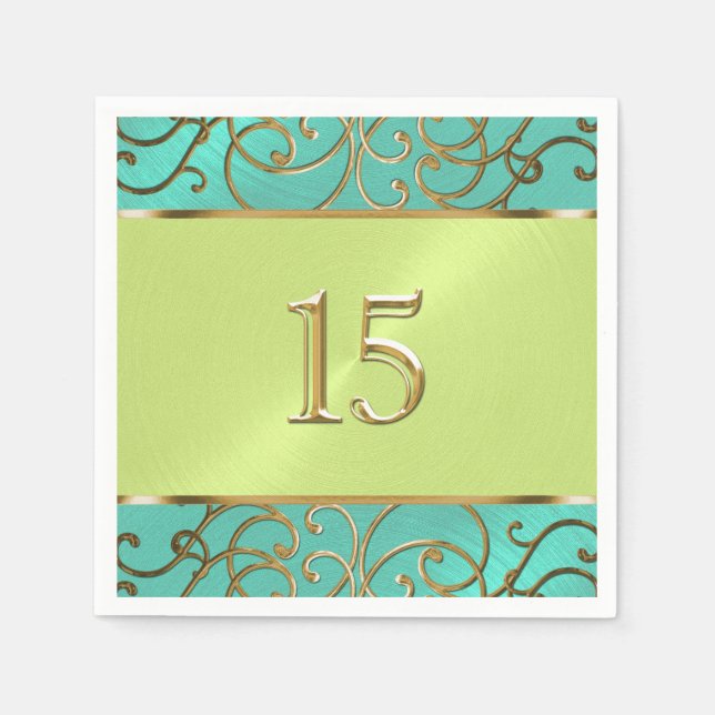 Servilleta De Papel Quinceanera Aqua Lime Green Gold Filigrree Swirls (Anverso)
