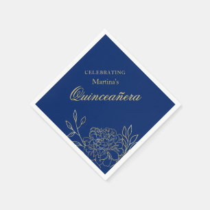 Servilleta De Papel Quinceañera Azul Real Flores Doradas Cumpleaños 15
