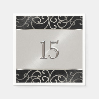 Servilleta De Papel Quinceanera Black and Silver Filigree Swirls