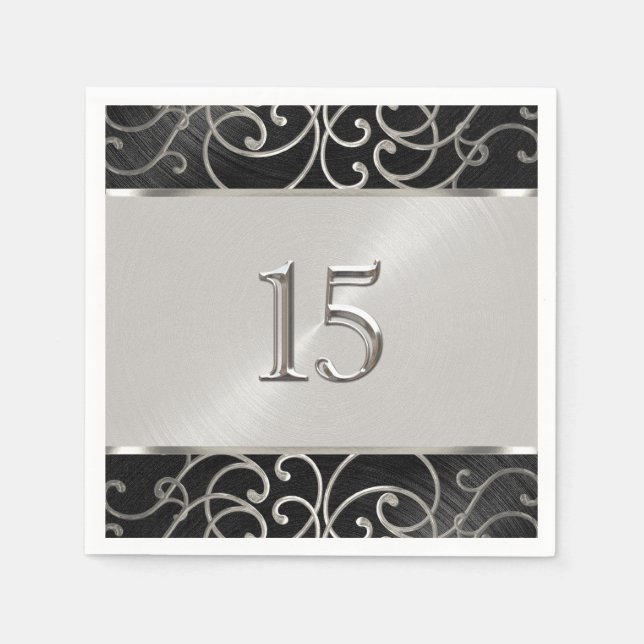 Servilleta De Papel Quinceanera Black and Silver Filigree Swirls (Anverso)